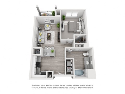 Floor plan for 1 bed, 1 bath, 737 sqft